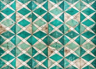 Aged, worn, and damaged turquoise and white grunge traditional motif tiles with triangular and square patterns create a seamless, vintage cement tile texture background.
