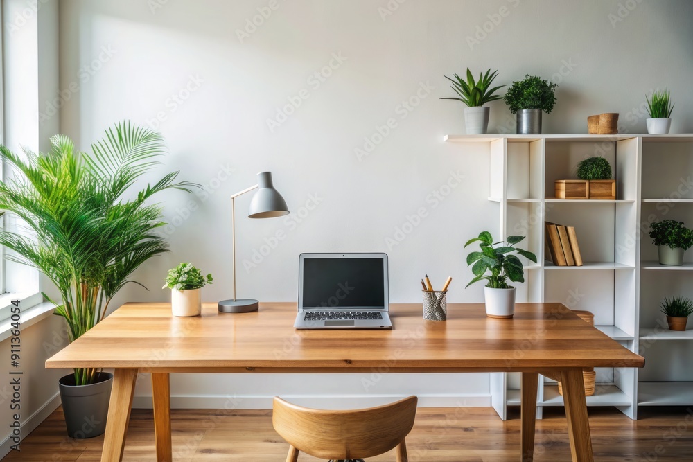 Fototapete Minimalist home study interior features a wooden table with a blank screen laptop, surrounded by empty space, creating a clean and organized workspace atmosphere.