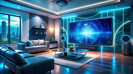 A Symphony of Light and Sound: A Futuristic Living Room with Holographic Screens and AI-Powered Entertainment System  Generative AI