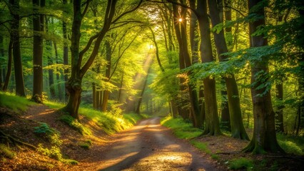 Fototapeta premium Sun-Dappled Forest Path AI Generated