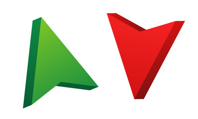 Up and down arrows. Vector red and green 3d arrows isolated on white background.