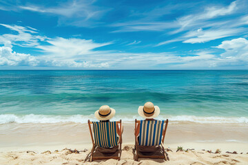 Relax chill traveling advertisement, retirement, life after work, vacation time concept. Adult couple wearing hats sit in beach chairs on the beach sand looking at the azure sea ocean water