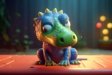 A Curious Blue and Green Dragon with Spikes Sitting on an Orange Surface