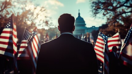 Back view of American impersonal politic or future possible president standing in front of people holding American flags near an American government office. President election 2024 and vote concept