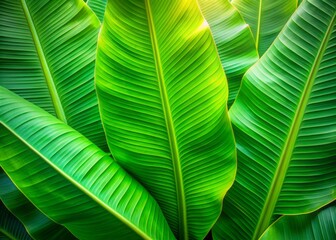Vibrant green banana leaves with waxy texture and intricate veins glisten in warm, soft light, evoking feelings of serenity and tropical tranquility.
