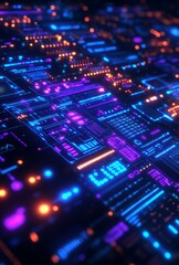 Obraz premium A high tech cyberpunk data dashboard with glowing blue and purple circuits, intricate data nodes, and pulsating abstract data streams