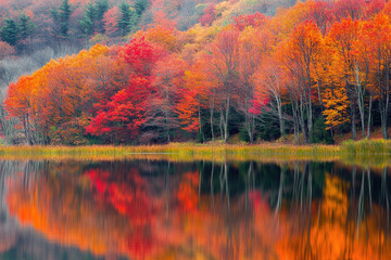 Obraz premium Reflective autumn landscape by a tranquil lake.