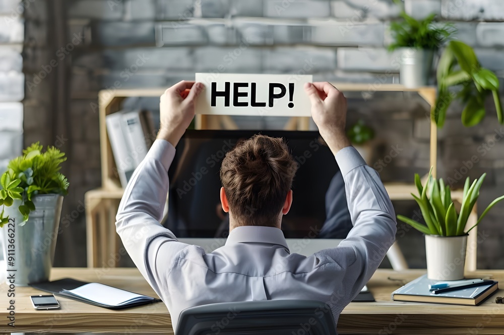 Aufkleber a man sitting at his desk with an open computer, holding up the word 