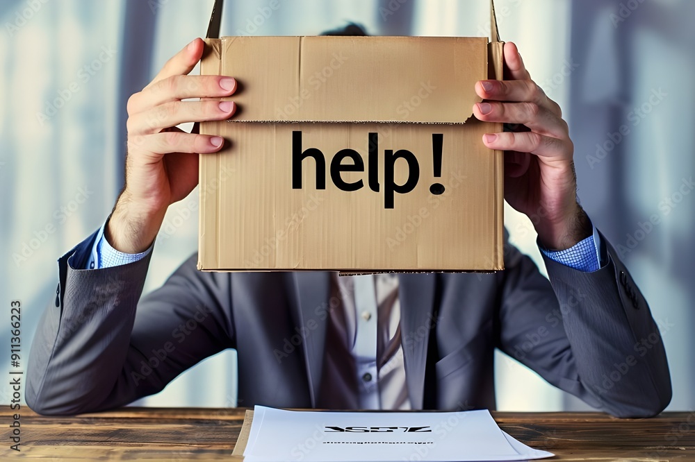 Poster a businessman is sitting at his desk with an open computer on it, covering half of the face and hold