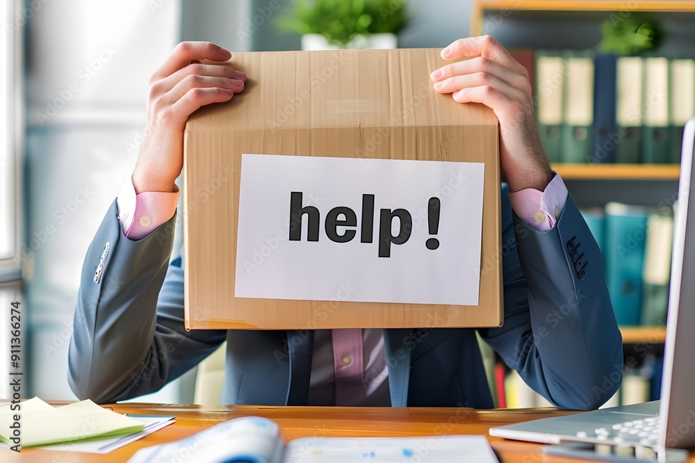 Poster a businessman is sitting at his desk with an open computer on it, covering half of the face and hold