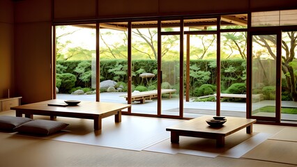 A tranquil Japanese garden with traditional architecture, plants, and a serene pond.