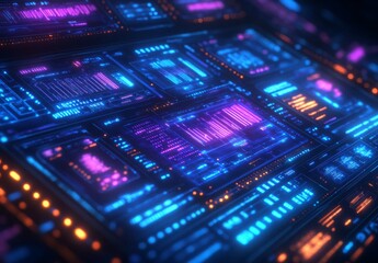 Obraz premium A high tech cyberpunk data dashboard with glowing blue and purple circuits, intricate data nodes, and pulsating abstract data streams