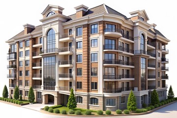 Fototapeta premium Luxury apartment or condo building, isolated on white background, in 3D render.