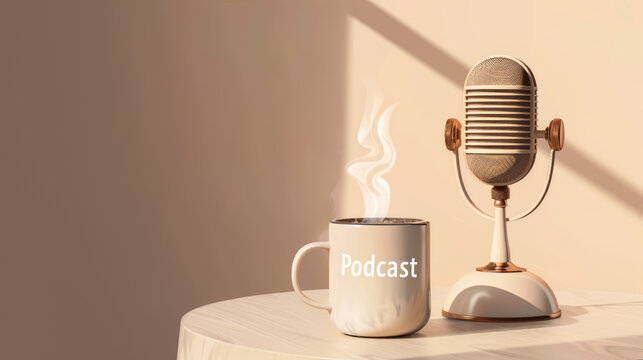 Professional microphone and coffee cup with text podcast on beige background. Recording studio banner design. Live broadcasting, recording, audio sound equipment, podcasting, morning steaming