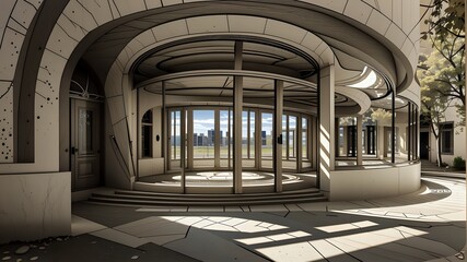 Sunlight streamed through the windows, casting shadows on the plants and pillars near the door.