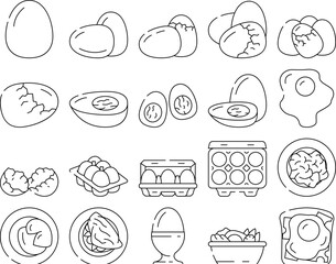 egg food healthy fresh icons set vector. breakfast white, meat kitchen, brown easter, vegetable cooking, chicken protein egg food healthy fresh black contour illustrations