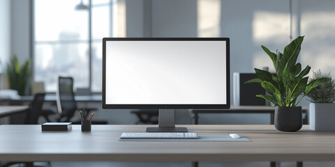 Modern computer showing blank screen sitting on office desk with keyboard and mouse