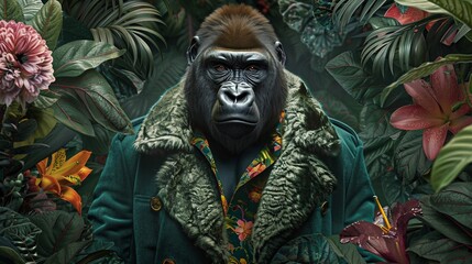 Obraz premium Gorilla Wearing Floral Blazer, Jungle Setting. Generative AI
