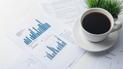 Morning light casts over a desk with a coffee cup alongside financial analysis reports displaying various bar graphs and charts