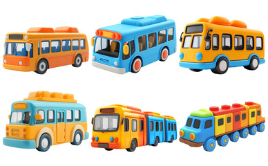 Cartoon trains and buses set isolated on transparent background