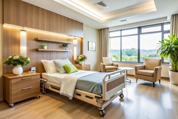 Serene modern healthcare facility interior featuring comfortable patient bed, medical equipment, and warm decor, evoking a sense of gentle care and compassionate assistance.
