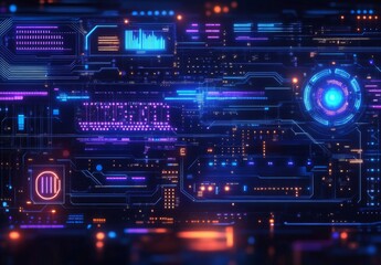 A visually striking cyberpunk interface showcasing data flow through glowing blue and purple circuits, with abstract patterns and high tech elements