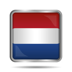 Netherlands Flag 3D Glossy Vector Illustration, Rectangular or Square Shape, Scalable EPS File. Square Dutch flag button with elegant silver frame, premium and shiny.