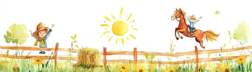 A cheerful scene of children playing outdoors with a horse, surrounded by sunshine and nature's beauty.