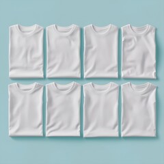 Multiple shirt mockup. 8 White folded t-shirt mock up. Top view of flat lay Bella Canvas 3001 mockup. Matching design, family shirts mock. Laying unisex group shirts.