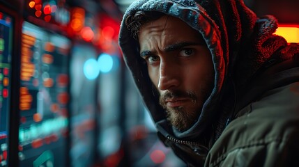 An intense man in a hooded jacket stands before glowing computer screens with vivid red and blue lights, suggesting a cybersecurity or hacker theme suitable for tech-related content, security