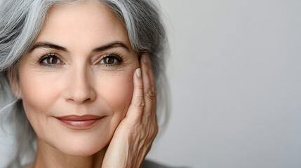Naklejka premium Close-up shot of a woman with grey hair looking in the camera against light, plain background 