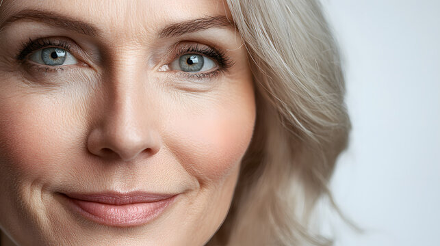 Photo of a woman face, age plus 50 for a beauty commercial with wrinkles and skin texture 