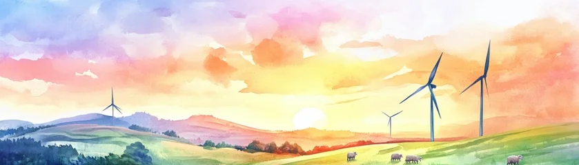 Fotobehang A vibrant watercolor landscape featuring wind turbines under a colorful sunset sky, symbolizing renewable energy and nature. © Newstep