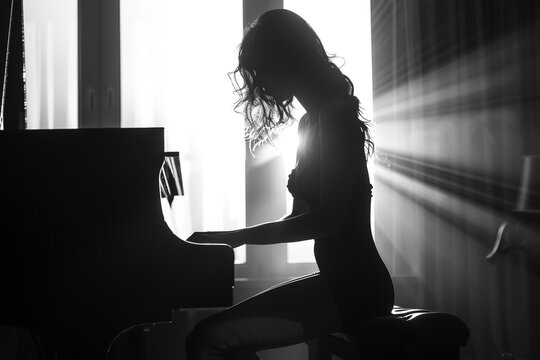 Piano Passion: Black-and-white silhouette of a woman passionately playing piano with window light behind her.