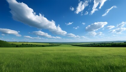 The vast fields complement each other with the blue sky and white clouds, showing the tranquility of nature.