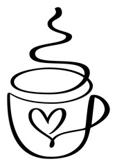 One continuous single line of hand drawn with cup of coffee decorated with heart symbol. Love romantic valentines Day vector logo icon isolated on white background