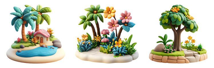 Lush 3D tropical island illustration set isolated on transparent background