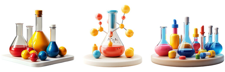 3D illustration of chemistry lab equipment set isolated on transparent background
