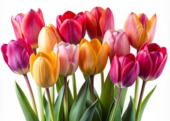Naklejka premium Vibrant tulips in shades of pink, yellow, and red stand upright on a pure white isolated background, showcasing their delicate petals and sturdy stems.