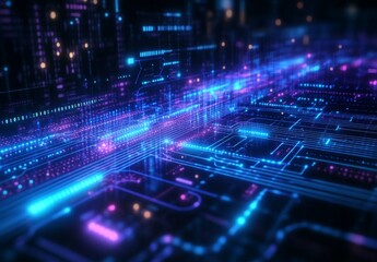 Obraz premium An abstract data visualization with vibrant blue and purple circuits and flowing lines of data, set against a dark, futuristic backdrop