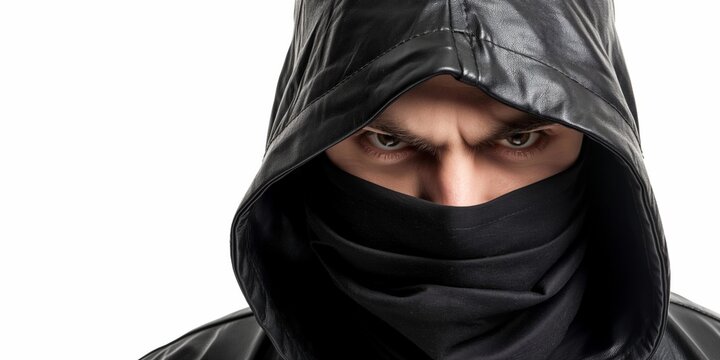 A masked mugger in a dark hood lurks menacingly, ready to commit theft.