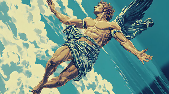 Illustration of Daedalus soaring in the sky with large artificial wings.