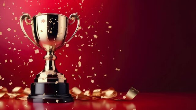 Gold cup sports trophy with flying shiny confetti. Gold winner trophy, success in sports competition, champion symbol