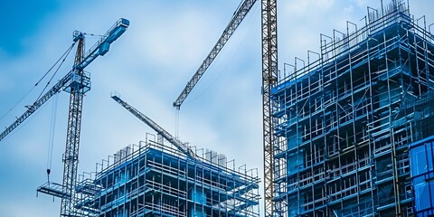 Two cranes constructing a building with scaffolding under a blue sky.