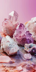 Pink and Purple Crystals on Sand with Gradient Background
