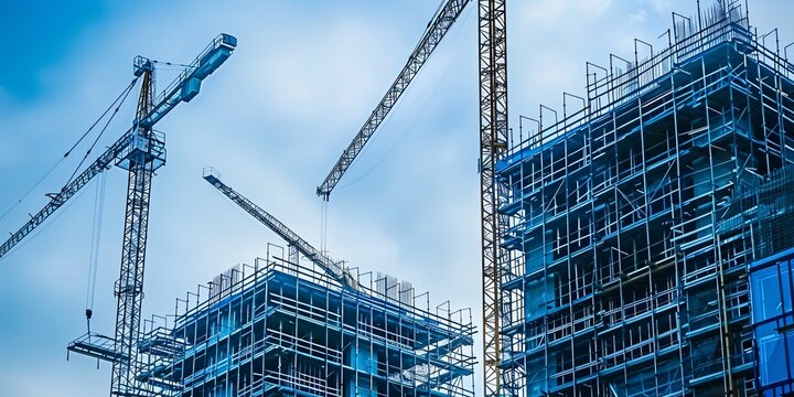 Two cranes constructing a building with scaffolding under a blue sky.