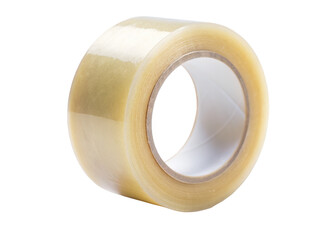 A transparent adhesive tape roll commonly used for packaging and sealing purposes. Isolated on transparent background, png.
