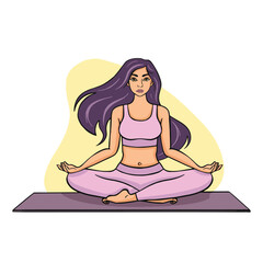 Obraz premium Yoga with young girl, assana lotus pose, color illustration