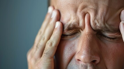 Obraz premium Man rubbing temples with eyes closed, headache from eye strain