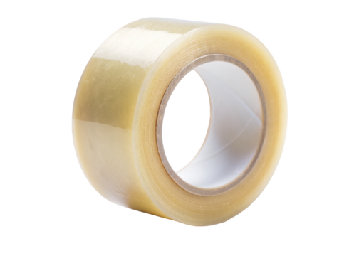 A transparent adhesive tape roll commonly used for packaging and sealing purposes. Isolated on transparent background, png.